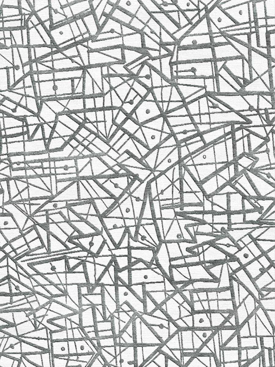 Gray and white abstract lined hand knotted rug by Brian O’Hara
