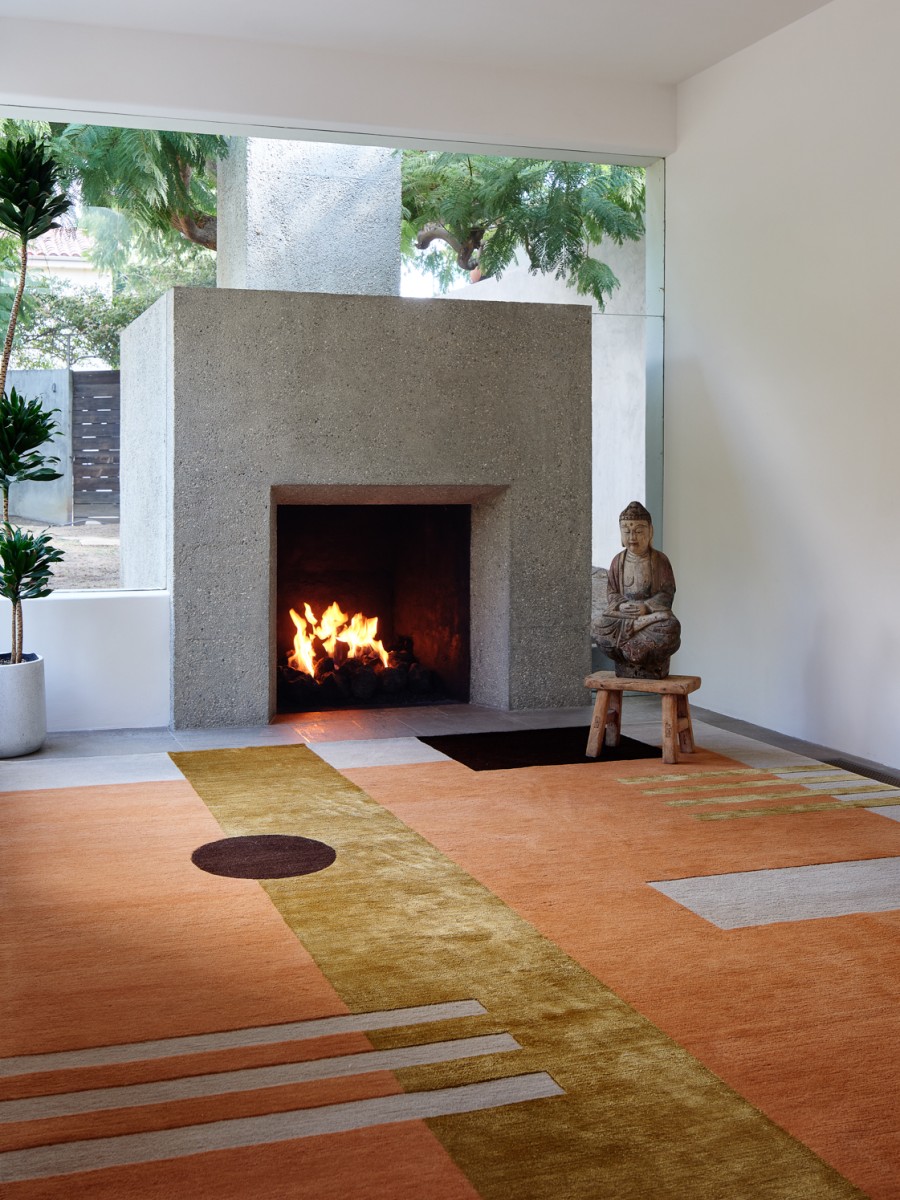 Art Deco Geometric Rug in Zen Living Room with Fireplace