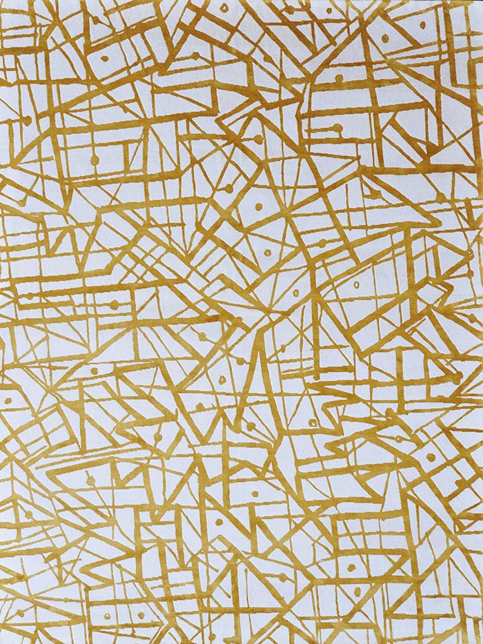 Gold and white abstract lined hand knotted rug by Brian O’Hara