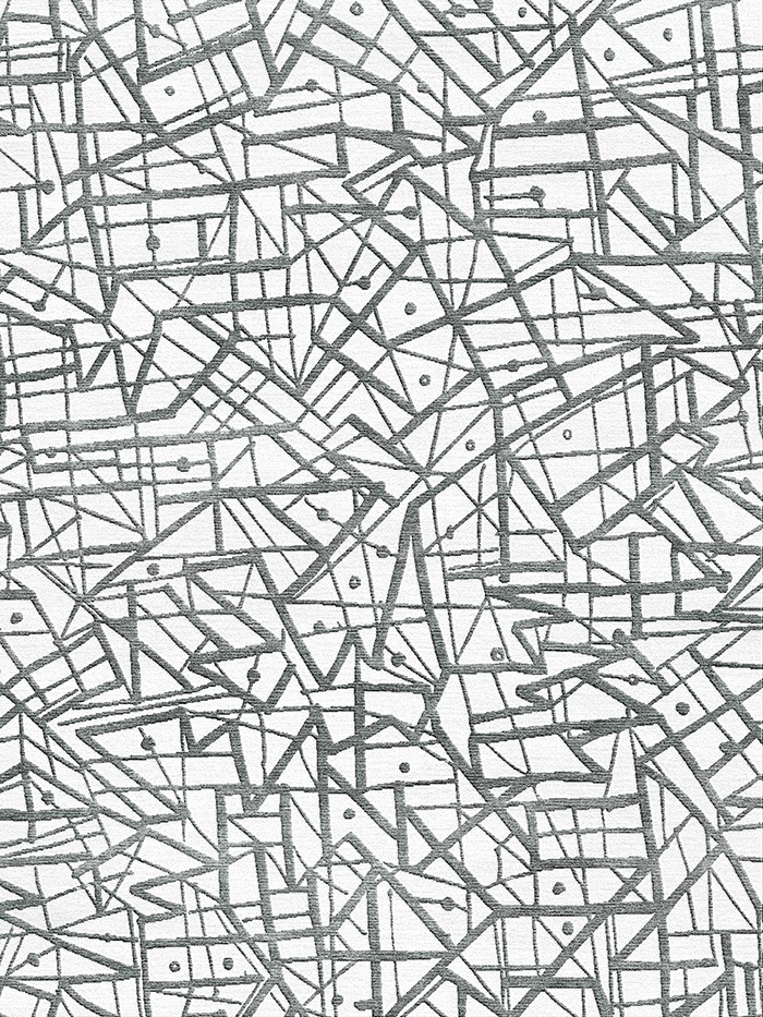 Gray and white abstract lined hand knotted rug by Brian O’Hara