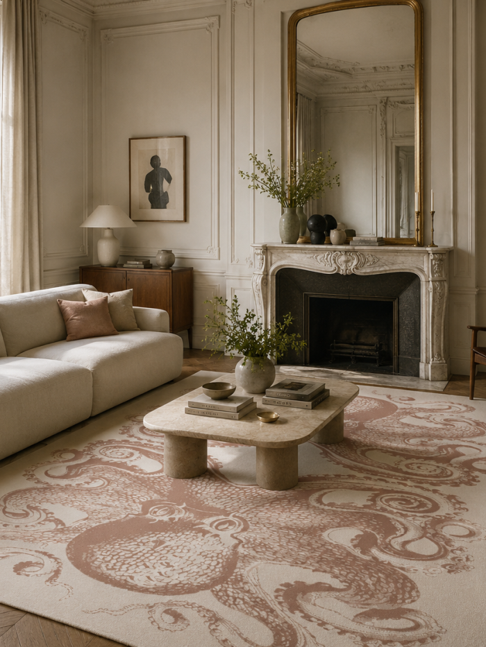 Pink Octopus Rug in a Living Room Interior